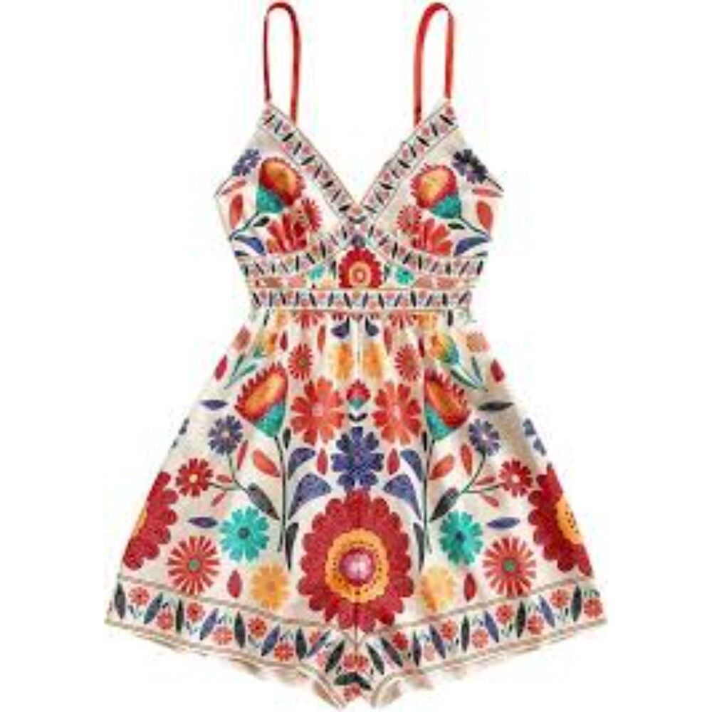 Women's Floral Romper Adjustable Strap Boho Summer Romper Size Medium